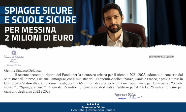 “Spiagge Sicure” e “Scuole Sicure” 2 milioni di euro per Messina